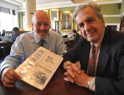 Institute of Couriers  chairman, Carl Lomas with IOC president, Viscount Lord Falkland, celebrate the Courier express manager degree paperwork at the IoD
