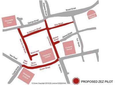 Map of ZEZ Pilot zone which consists of Bonn Square, Queen Street, Cornmarket, part of Market Street, Ship Street, St Michael’s Street, New Inn Hall Street, and Shoe Lane